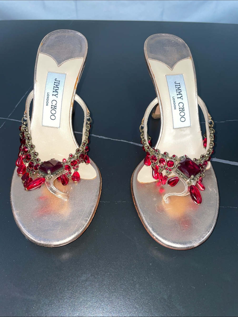 JIMMY CHOO JEWEL EMBELLISHED GOLD LEATHER THONG SANDALS FTL-08-197